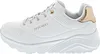 A side view of a single white sneaker with gold accents. Anteprima dell’immagine prodotto
