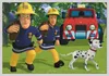 Two firefighters and a Dalmatian dog are running in a grassy area with trees and mountains in the background, and a red fire truck is behind them. Anteprima dell’immagine prodotto