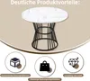 A round table with a marble-like top and a black metal base, presented with marketing icons and text. Náhľad obrázku produktu