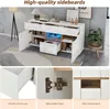 A collage of images showcasing a white sideboard with wood accents, highlighting its features like smooth-running rails, high-quality hinges, and open storage space. The main image shows the sideboard in a room setting. Podgląd zdjęcia produktu