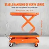 A scissor lift table is shown in two states: fully extended and lowered, with text overlays describing its features. Anteprima dell’immagine prodotto