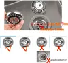 A collage showing a sink strainer, its dimensions, and examples of compatible and incompatible sink drains. Produktbild-Vorschau