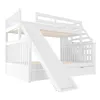 A white bunk bed with a slide and stairs against a white background. Produktbild-Vorschau