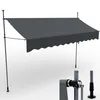 A dark gray awning is shown extended from a support structure against a plain background. A close-up of the awning's crank mechanism is shown in the lower right corner. Produktbild-Vorschau