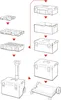 Diagram showing different configurations and sizes of toolboxes and storage containers, with arrows indicating potential stacking or assembly. Anteprima dell’immagine prodotto