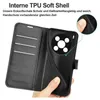 A hand holding a black flip phone case, showing the inside and the back camera cutout. Produktbild-Vorschau