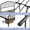Collage of images showing different features of a black metal bed frame. Podgląd zdjęcia produktu