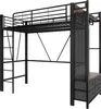 A black metal loft bed with a wooden shelf and drawers underneath, shown against a white background. Podgląd zdjęcia produktu