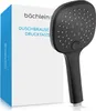 A black shower head is shown next to its packaging. Produktbild-Vorschau