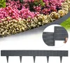A garden border made of interlocking plastic pieces with a rattan look, shown in a garden setting with flowers and grass, and a close-up of two pieces connecting. Produktbild-Vorschau