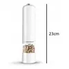 A white electric pepper grinder with a clear section showing peppercorns, next to a ruler indicating its height. Podgląd zdjęcia produktu