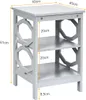 A gray three-tier side table with dimensions indicated by orange lines and text. Podgląd zdjęcia produktu