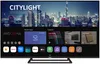 A smart TV screen displaying a city skyline and various app icons. Produktbild-Vorschau