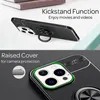 A black phone case with a ring stand is shown, with text highlighting its kickstand function and camera protection. Produktbild-Vorschau