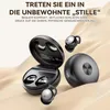 A product shot of wireless earbuds and their charging case, set against a textured, light beige background. Produktbild-Vorschau
