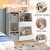A white toy storage unit filled with stuffed animals and storage bins, with overlay text and circular insets highlighting features. Podgląd zdjęcia produktu