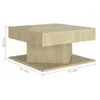 A square, light brown wooden coffee table with a unique geometric design, shown against a white background with dimensions indicated by lines and text. Voir les images du produit