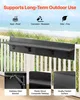 A black fold-down table mounted on a white railing with a beach and ocean in the background. Insets show close-ups of the table's construction and material. Voir les images du produit