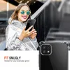 A woman holding a phone with a clear case, with a close-up of the phone case in the foreground. Produktbild-Vorschau