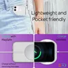 A person's hand is shown holding a phone in a pocket, and then the phone is shown charging wirelessly and with MagSafe. Produktbild-Vorschau