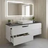 A modern bathroom vanity with a sink and drawers, set against a wood-paneled wall. Produktbild-Vorschau