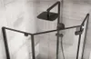A modern black shower enclosure with a rain shower head, set against a tiled wall. Produktbild-Vorschau