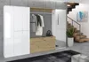 A modern hallway with a white high-gloss and artisan oak wardrobe, a staircase, and a potted plant. Produktbild-Vorschau