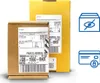 Two cardboard boxes with shipping labels, one partially obscuring the other. Icons representing privacy and secure payment are to the right. Produktbild-Vorschau