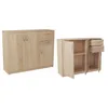 Two wooden cabinets are shown against a white background. The cabinet on the left is closed, while the cabinet on the right is open, revealing shelves and drawers. Produktbild-Vorschau