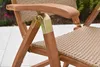 Close-up of the armrest and seat of a wooden folding chair with woven seating. Produktbild-Vorschau