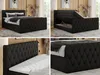 A collage of four images showcasing a black boxspring bed with a tufted headboard and storage options. Produktbild-Vorschau