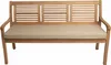 A wooden garden bench with a beige cushion. Voir les images du produit