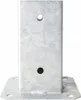 A galvanized metal post anchor or bracket with a square base and a vertical rectangular section with two holes. Produktbild-Vorschau