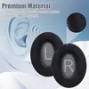A marketing image showing ear pads for headphones, with text describing the product's premium material and a close-up of the material texture. Voir les images du produit