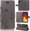 A collage of images showing a gray flip phone case with a butterfly and floral design.