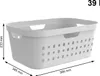A white laundry basket with dimensions indicated by measurement lines and text. Produktbild-Vorschau