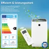 A white portable air conditioner with a remote control is shown in a grassy outdoor setting, with leaves and snowflakes blowing from the top of the unit. An energy efficiency label is displayed on the left. Produktbild-Vorschau