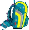 A teal backpack with floral patterns and yellow reflective stripes, shown from the side. Produktbild-Vorschau