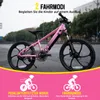 A pink electric bicycle is shown outdoors on a street, with marketing text and icons at the bottom. Produktbild-Vorschau
