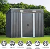 A metal garden shed is shown in a grassy outdoor setting with trees in the background. Below the shed are several circular icons with text, indicating product features. Produktbild-Vorschau