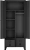 An open, empty, black metal wardrobe with shelves and drawers. Voir les images du produit