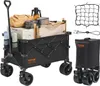 A VEVOR wagon filled with camping gear, shown from a slightly elevated front-left angle. The wagon is black with orange branding. Accessories like a net and bungee cords are shown separately on the right. Podgląd zdjęcia produktu