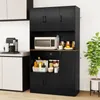 A black kitchen cabinet with a microwave and various kitchen items displayed. Náhľad obrázku produktu