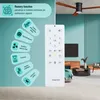 A ceiling fan and its remote control are displayed with a room interior background. Informational graphics are on the left side. Náhled obrázku produktu