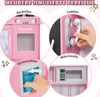 A collage of four close-up images showcasing different features of a pink toy kitchen set. Produktbild-Vorschau