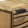 A close-up view of the corner of a wooden cabinet with black accents. Voir les images du produit