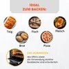 Collage of food items and an oven, with text about ideal baking uses and preheating. Produktbild-Vorschau
