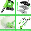 Collage of images showing features of a green cordless string trimmer. Produktbild-Vorschau