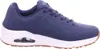A side view of a blue Skechers Uno sneaker with a white sole and brown outsole. Náhled obrázku produktu