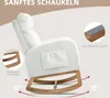 A white rocking chair with wooden rockers, shown from the side with callouts highlighting its features. Anteprima dell’immagine prodotto